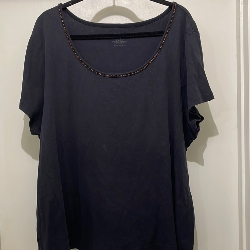 Venezia black short sleeved Tshirt with beading and sequins at neck. Size 3X.